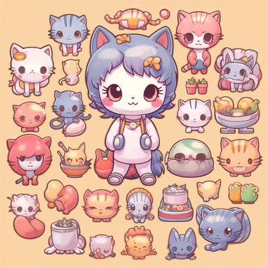 Endearing kitten clipart, displaying an array of adorable kittens in playful and curious poses, accompanied by various cat toys and accessories in the style of hikari shimoda