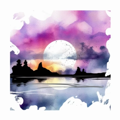 Futuristic Grey Black Purple Watercolor Beach Ocean Retro Sunset Clipart Colorful and white Background