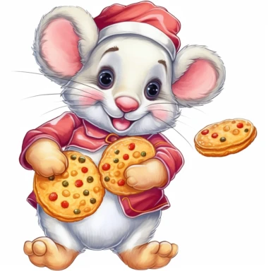 clipart digital svg cartoon of cute and cheeky mouse with a Christmas hat, stealing cookies left out for Santa, on a white background