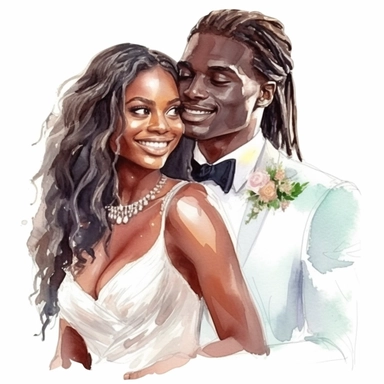 Black skin bride in a white wedding dress with diamonds and with beautiful jewelry, rich and glamour, long beautiful hair and the groom in a tuxedo smile watercolor clipart