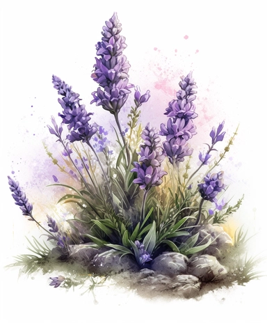 illustration watercolor art of cute lavender, meadow, many small and colorful particles, masterpiece by Jean-Baptiste Monge style and by Vladimir Kush style and by Hans Zatzka style, rococo style, PNG clipart, isolated on white, extreme photorealistic details, 32k HD resolution, realistic high detailization high resolution