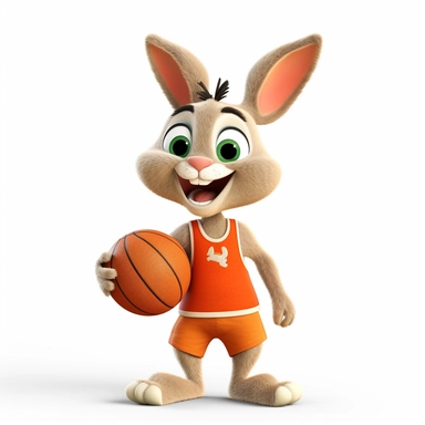 a 6 year old bunny, playing basketball, smile on his face, playing in a forest, pixar style clipart