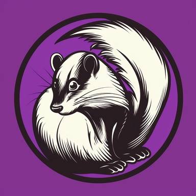 a vector style clip art badge mascot logo of a skunk : bold outlines : vibrant colors : purple highlights : black outlines : bold , adobe illustrator style, vector style t-shirt graphic : solid color background