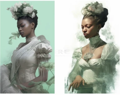 mint green pastel vector clipart african american mrs, in the style of dark white and light emerald, victorian-inspired illustrations, detailed botanical studies, nick alm, jeannette guichard-bunel, sterling silver highlights, hand-painted details