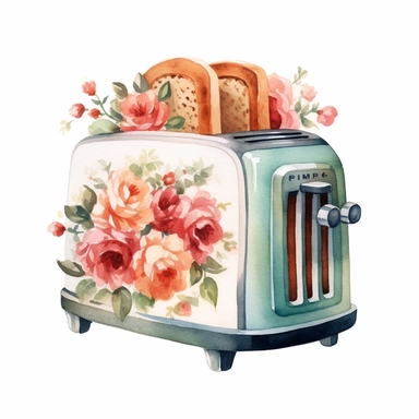 Vintage toaster, vintage, flowers, watercolor, retro, clipart, white background
