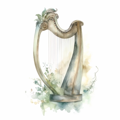 A captivating watercolor clipart illustration featuring a lyre, a musical instrument associated with ancient Greece and mythology. This clipart artwork showcases the elegant and delicate shape of the lyre, with its curved body and strings. The watercolor medium adds a soft and dreamy quality to the illustration, with gentle brushstrokes and subtle washes of color that evoke a sense of melody and harmony. The warm and earthy tones create a soothing and enchanting atmosphere. This lyre watercolor 