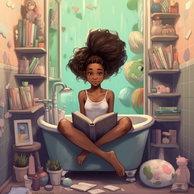 african american teenager girls stuck in a bathtub with books in the white house bathroom in the style of dr. seuss with a simple pastel color palette clip art--ar 10:8