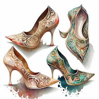 Gorgeous beautiful arabian women shoes, white background, watercolor, hyperrealism, high detail, separate elements, set, clipart