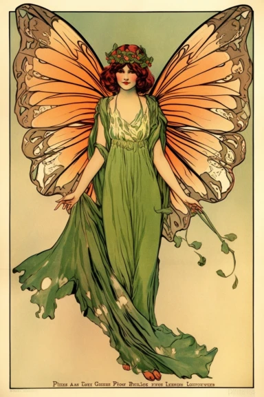 Vintage 1920 Symmetrical Fully Clothed Female Fairy with Large green Wings on its back Illustration, Chromolithograph, 1920s Illustration, Vintage, Antique, Ephemera, Clipart, 8k, on a vintage magazine cover