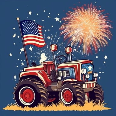 Super cute, American flag with tractor and firework Sublimation Clipart, Cartoon funny, Cute anime, Very detailed, blue sky colorful background