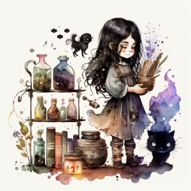 beautiful alchemist girl, black eyes, black long hair, cat, shelves of old books, brazier, metal pots, jars of potions, jars of herbs, decorated with stars, children illustration, watercolor image, hannah dale style, watercolor, white background, clipart