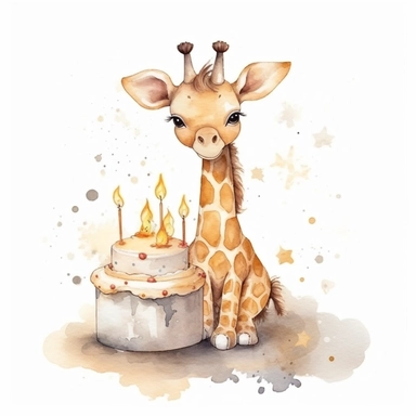 cute watercolor newborn soft beige baby giraffe toy smiling with stars and birthday cake, watercolor effect, isolated white background, babyshower clipart, soft beige tones