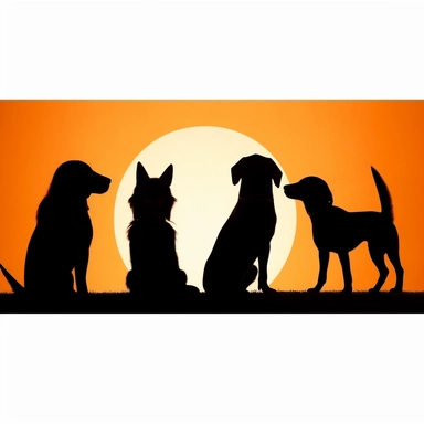 vector clipart of 4 different dogs silhouettes in black,