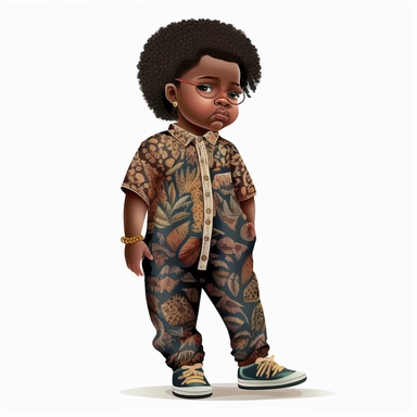 2d clipart, Full body, Gorgeous dark-skinned African American design of Beautiful tiny boy, attractive and chubby, She is wearing Juneteenth print pants, cool juneteenth print shirt, and cool shoes. 8k, white background, hyperrealistic