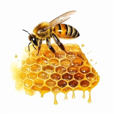 Fluffy Bumblebee on a honeycomb beehive, dripping honey, highly detailed, acrylic paint, 16k, realistic, isolated on a white background, clipart