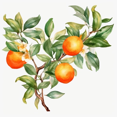 tree branch, orange, greenery, watercolor, clipart