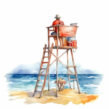 watercolor beach lifeguard on highchair with binocolurs in hand looking in the ocean , illustrations clipart set, simple, , cartoon elements ,different variants , separate elements with a margin, wooden and plastic elements elemets ,4k, high resolution