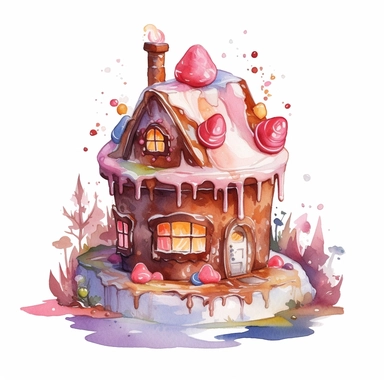 watercolor cake, inspired by Hansel and Gretel, high quality, clipart, white background