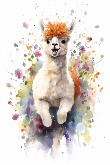 A highly detailed watercolor drawing of an adorable baby alpaca frolicking on a rolling wildflower hill on white background. The alpaca is captured in a playful and joyful moment, with its fluffy coat bouncing as it jumps and runs through the vibrant wildflowers. The watercolor depicts the intricate details of the alpaca's features, including its expressive eyes, cute ears, and endearing smile. The drawing showcases the alpaca's interaction with the colorful wildflowers, with petals and blooms s