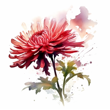 create watercolor clipart with chrysanthemum on white background, a branch with chrysanthemum Flower, color wine and red, by Thomas W.Schaller