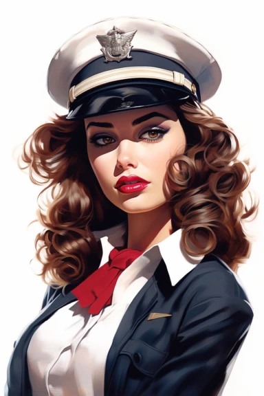 beautiful pretty pin up woman, makeup and hair vintage 50's style, dressed as pilot, paint art style, detail, clipart, white background, superrealistic, one of a kind