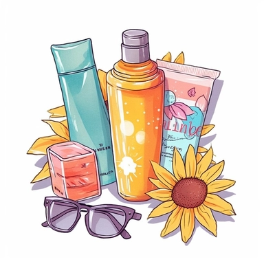 Sunscreen bottle and sunblock lotion clipart , Maggie Holmes style ,boho style, soft pastel colors, watercolor hand painted illustration, in style of anime pen outline, digital painting, cartoon illustration, isolated on white background