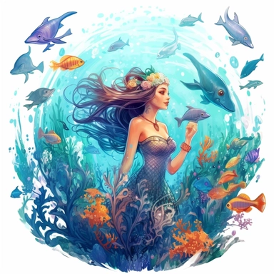 under water sea world a mermaid swimming with other creatures like fish squid starfish coral leaves, vector,2D clipart, animation style, digital painting, water color, lighting effect, iltra realistic, highly detailed, volumetric lighting 8k, 32-bit, classical fantasy,white background