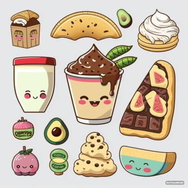 Kawaii Chinese dumplings, cookies and milk, ice cream, avocados, tacos, nutella and toast clipart