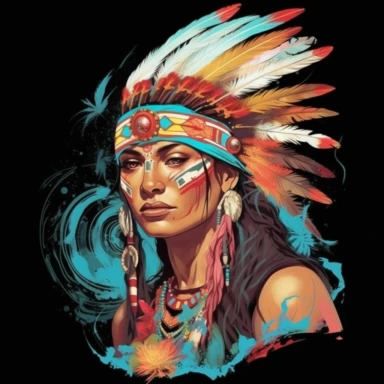 artwork of t shirt graphic of Naive American Super Model waer Native American style in digital painting style ,colorful color, Sage, beautiful flowers, sunrise mountains and clouds , big sea waves, water splashes, black background, colorful fantasy flower sorround, highly detailed clean, vector image, photorealistic masterpiece, professional photography, realistic, , isometric, vibrant vector, clipart, illustration, realism, 4k, , cinematic, front view , unreal engine, Matrix Style