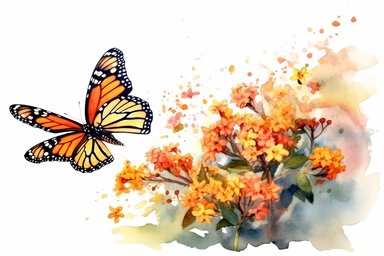 Watercolor, Create an image featuring a butterfly gracefully landing on a milkweed flower, aiding in the survival of monarch butterflies, clipart, hd, on a white background, spaced out