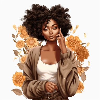 ultra detailed Black Girl Self Love Clipart, solid white background, cozy outfit, beautiful, super cute , super hot, self love, peaceful, watercolor, floral, contour, PHOTOREALISM portrait , by ANIMATION