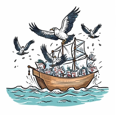 clipart of a group of American patriotic eagles tossing individual bags of tea off of a ship, reminiscent of the Boston tea party, expect instead of humans throwing tea off the ship, eagle's are tossing tea bags off a ship with their beaks. hand drawn illustration, cartoon style, isolated on a white background, vector graphic that can be used as a t-shirt design