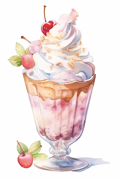 picturesque, a bright almond sundae, clipart on white background, watercolor style, spring vibes, detailing in pastel colors, high quality, painted by Beatrix Potter, 8k