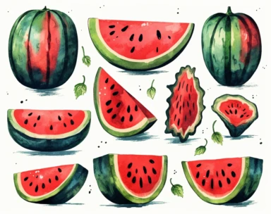 A watermelon,summer clipart pack, in the style of playful and ironic, tupinipunk, vibrant neo-traditional, tempera, oversized objects, hatching, watercolors