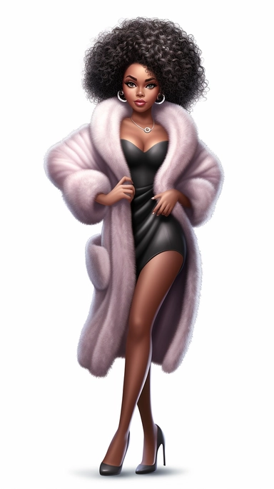 young gorgeous curvy black woman caramel skin, full body, spa day, fur slippers, clipart in the style of digital airbrushing, feminine sticker art, dollcore, realistic face, realistic body, glamorous, 8k