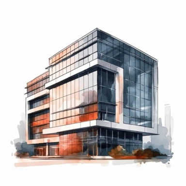 Minimalist office building with clean lines and large windows, watercolor illustration with photorealistic high details clipart, white background