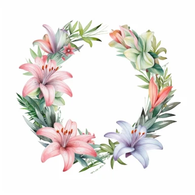 pastel colored lilies and other greenery in a beautiful wreath frame, Georgia O'Keeffe, watercolor, florist style, clipart, only white background, 2d, flat