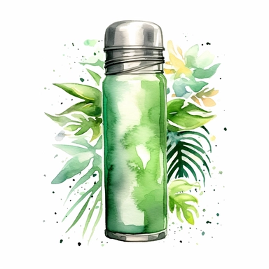 one thermos flask drink summer on a white background, in the style of watercolor clipart, highly detailed, art of tonga, colorful, lively seascapes, dark white and Light green , tim holtz, no watermark, text, words, paintbrush, 300 DPI , typography, the images do not stick together, no text in the picture