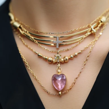 three-layer necklace with yellow gold paper clip chain, color gemstone mini cross charm embellishments around, with pink diamond heart shaped center pendant, ballerina core fused with norm core