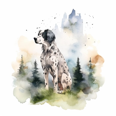Painting and Illustration Watercolor Print Portrait of a Huge Dog Standing on Its Two Feet in the Woods Sticking Out Its Tongue and Mountain Behind It Wall Art Clipart Printable Art Watercolor Painting Watercolor Appaloosa Mountain Dog Art Udal Art for Commercial Use