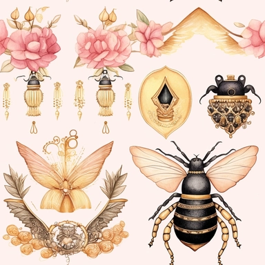 Draw a watercolor-style clip art images that feature objects related to an aesthetic adorned with floral designs. The images should have aesthetic, and should incorporate elements such as watercolor [gold] whimsical and cute illustration in watercolor of a White scarab with black ornaments on the body, in a Scandinavian folk art style with botanical and swirl motifs. light pink gold colors Traditional with a modern twist watercoloritem collection, isolated on a white background, gourmet, classy,