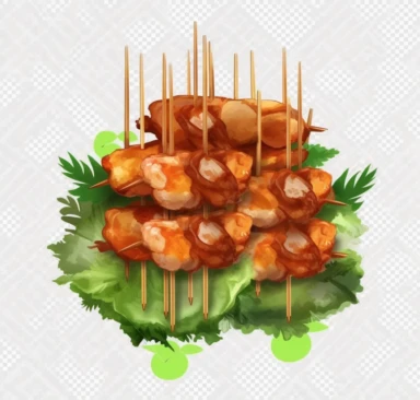 vegetarian food satay on lettuce, illustration, transparent background png clipart, in the style of realistic landscape paintings, multilayered texture