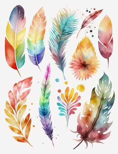 watercolor flower and feather elements, clipart, vibrant rainbow colors, flower petals, leaf elements, blossom elements, white background, 8k, high reso