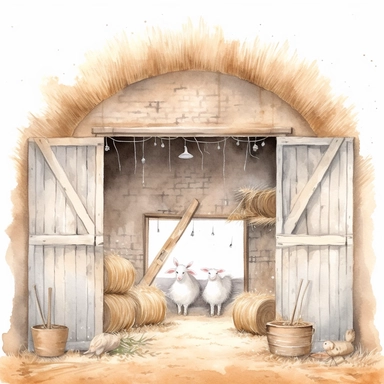 A watercolor painting inside a cute old open barn with hay and straw the doors are open in Bethlehem, Christmas, cute detailed digital art, inspired by nicoletta ceccoli, by Kubisi art, whimsical and cute, by nicoletta ceccoli, cute detailed artwork, glimmering, adorable and whimsical, whimsical art, Clipart style, png style, svg style, blank white background, a solid white background