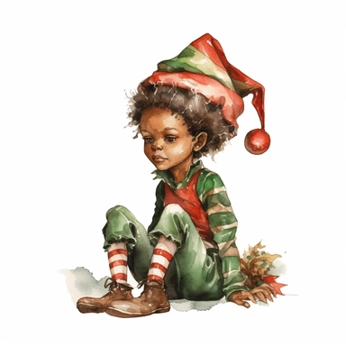 Christas elf red green christas clothes black skin in a sitting position clipart, water color illustration, mary cecily baker style