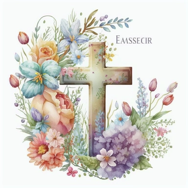watercolor Easter Cross, flowers, Easter element clipart, on white background