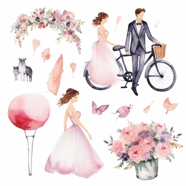 Watercolor wedding clipart set. Hand-painted illustrations isolated on white background. Romantic graphics for invitation, save the date. Wedding card decoration