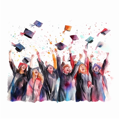 watercolor style, Graduation hat toss: Clipart showing a group of graduates throwing their caps in the air, celebrating the completion of their studies. clipart, isolated on white background, 4K