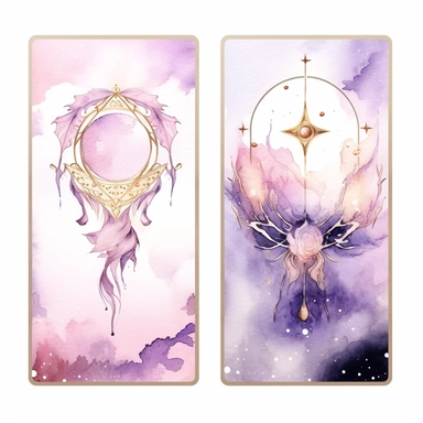 Tarot Cards, in the style of watercolor illustrations, pink and gold, soft lilac, magical and mystical, galaxy elements, modern minimal watercolor, on white background, clipart