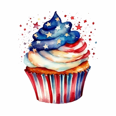 watercolor American flags cupcake, cartoon sticker, clipart, white background, hd, 32k